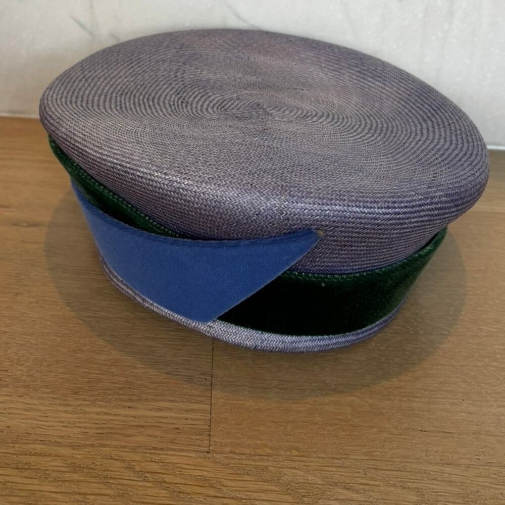 Vintage Mark III Lavender Pillbox Hat Italy Blue Satin Green Velvet